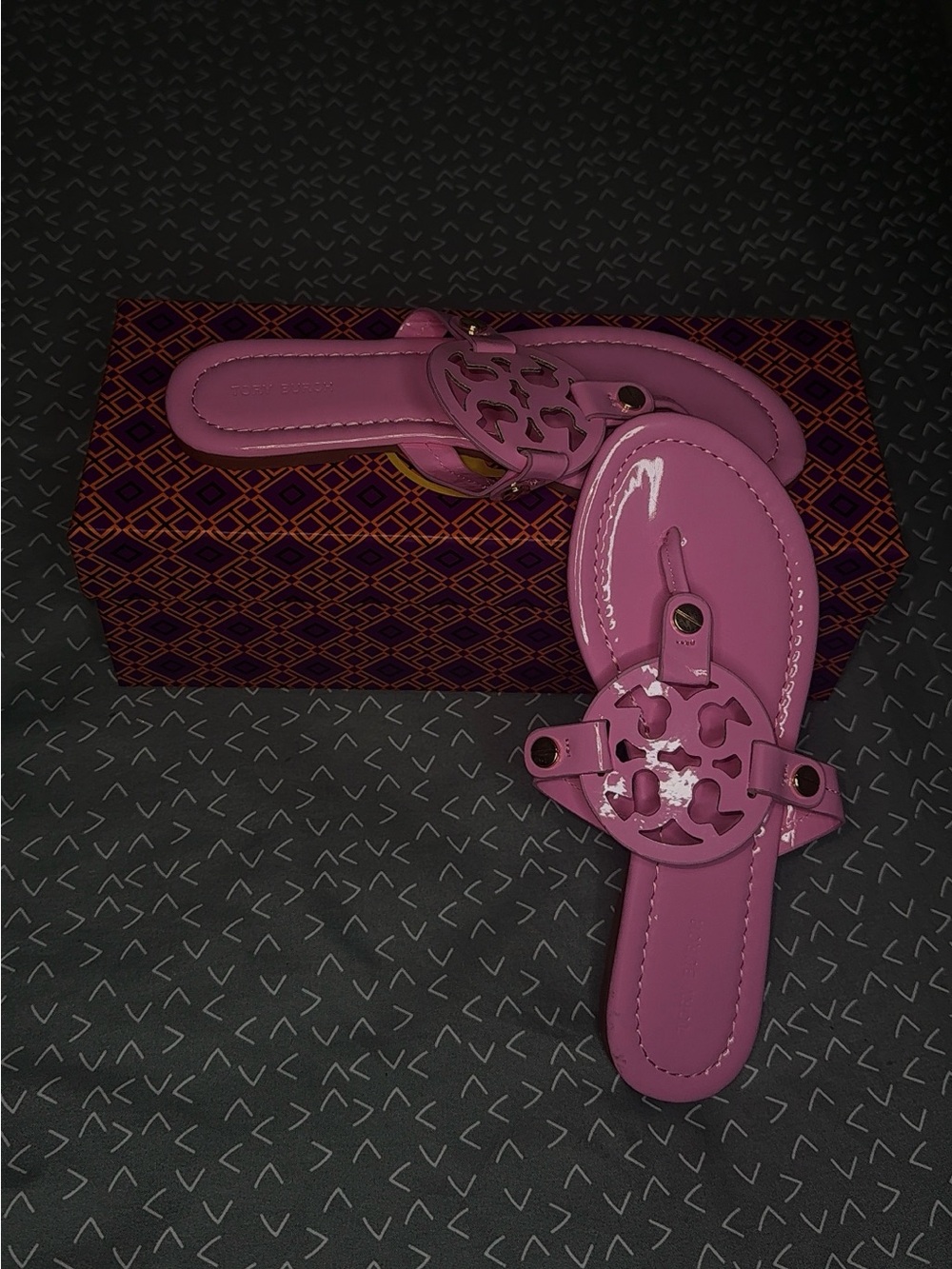 Tory Burch Pink Patent Miller Logo Slide Sandals